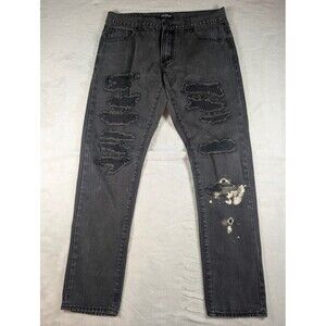 Pink Dolphin Distressed Black Jeans Mens 34 Slim Stretch Bleach Splatter